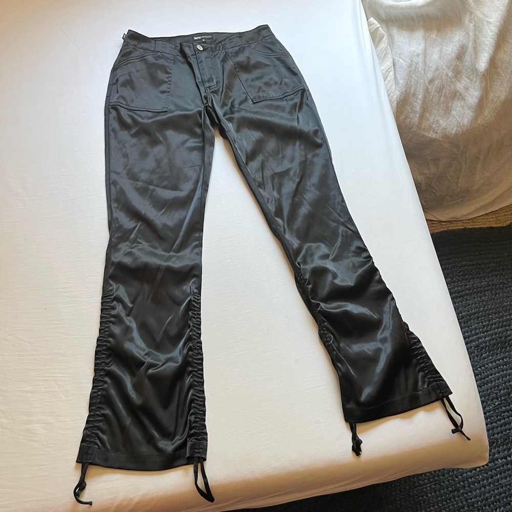 BEAU‎ DAWSON black satin ruched hem detail boot cut pants